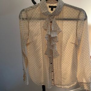 J. Crew ruffle cream silk blouse with black dots